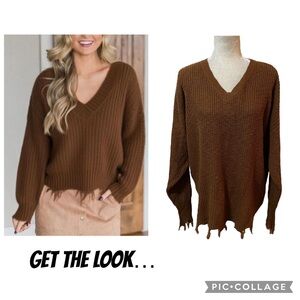 Cato Chocolate Brown V-Neck Torn Distressed Sweater Size 22/24